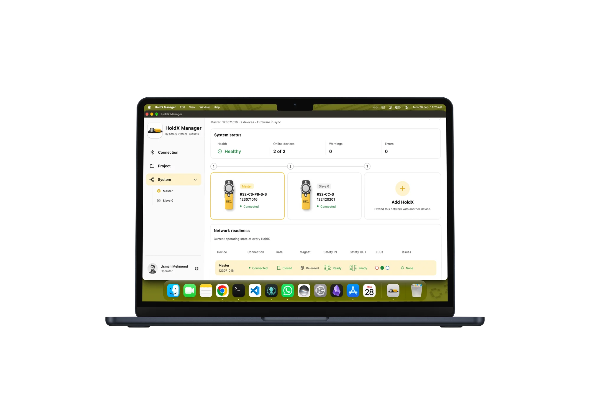 HoldX Manager on a MacBook showing system status and connected devices