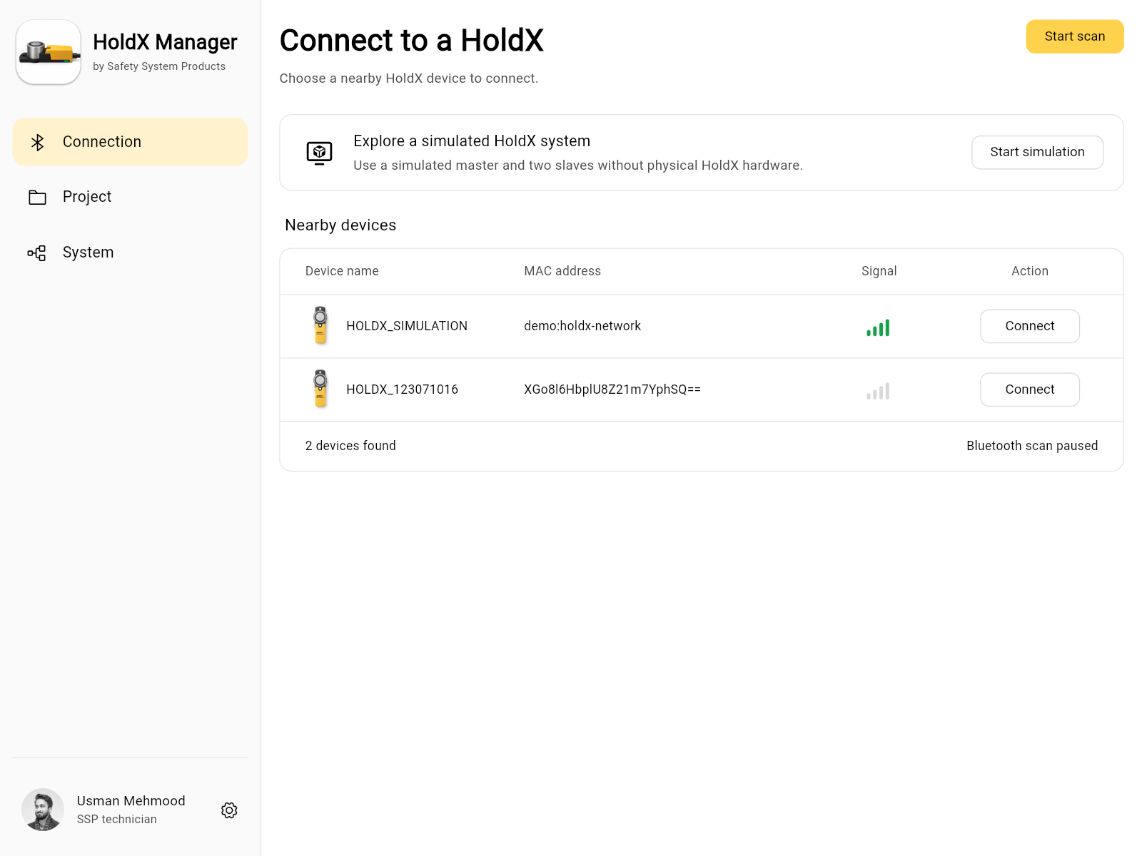 HoldX Manager connection view with nearby devices