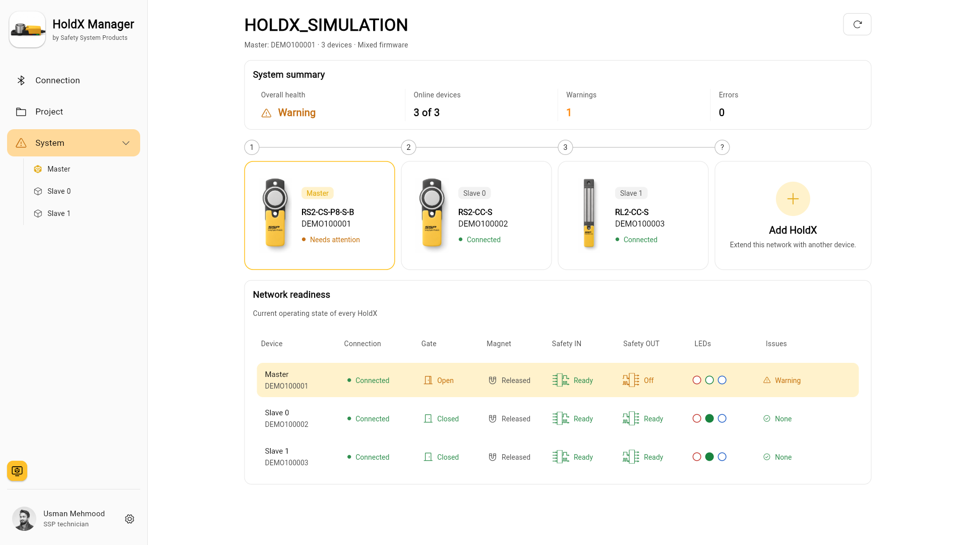 Simulated HoldX system with three devices and one warning