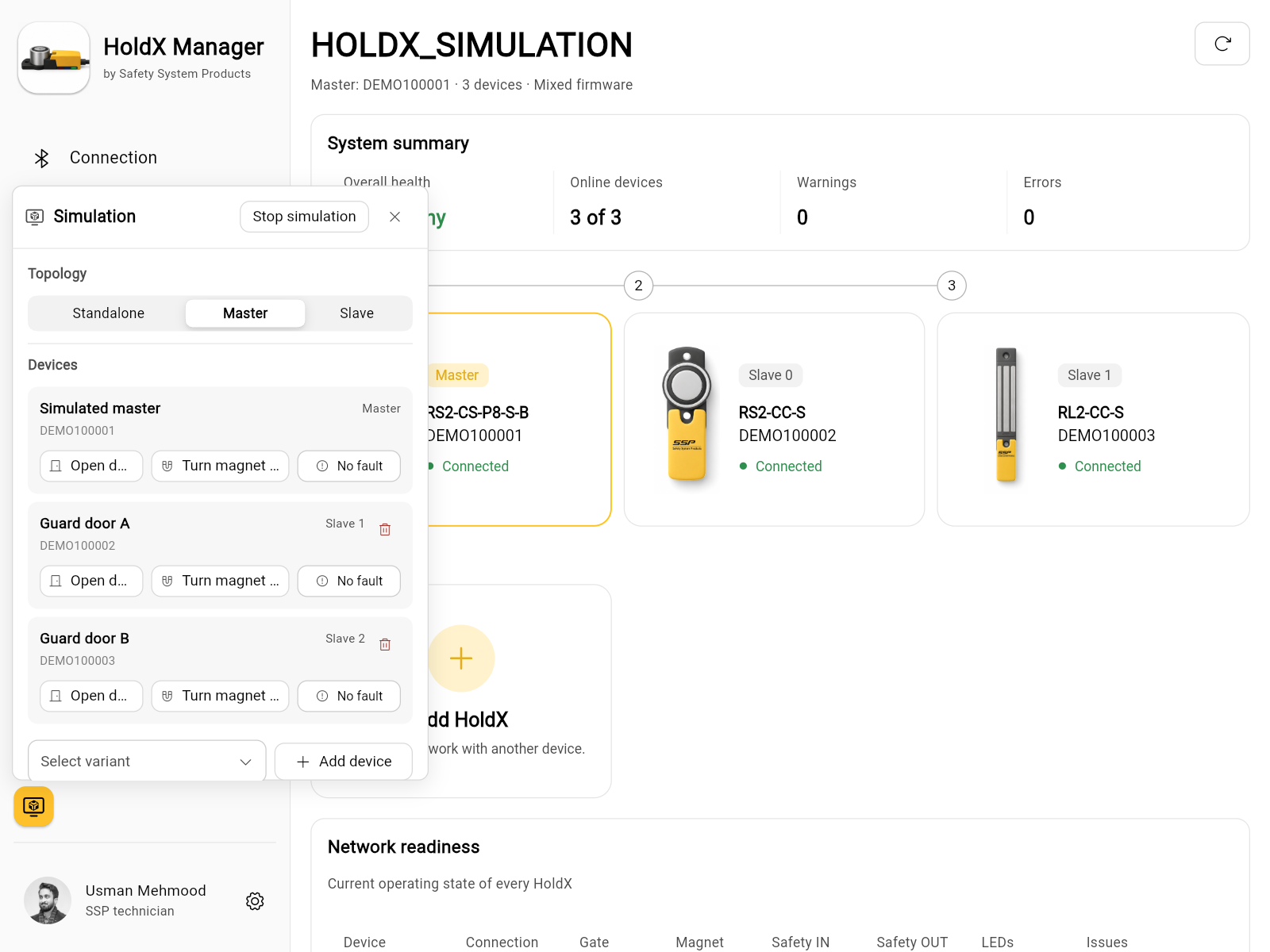 HoldX Manager simulation controls over a simulated system