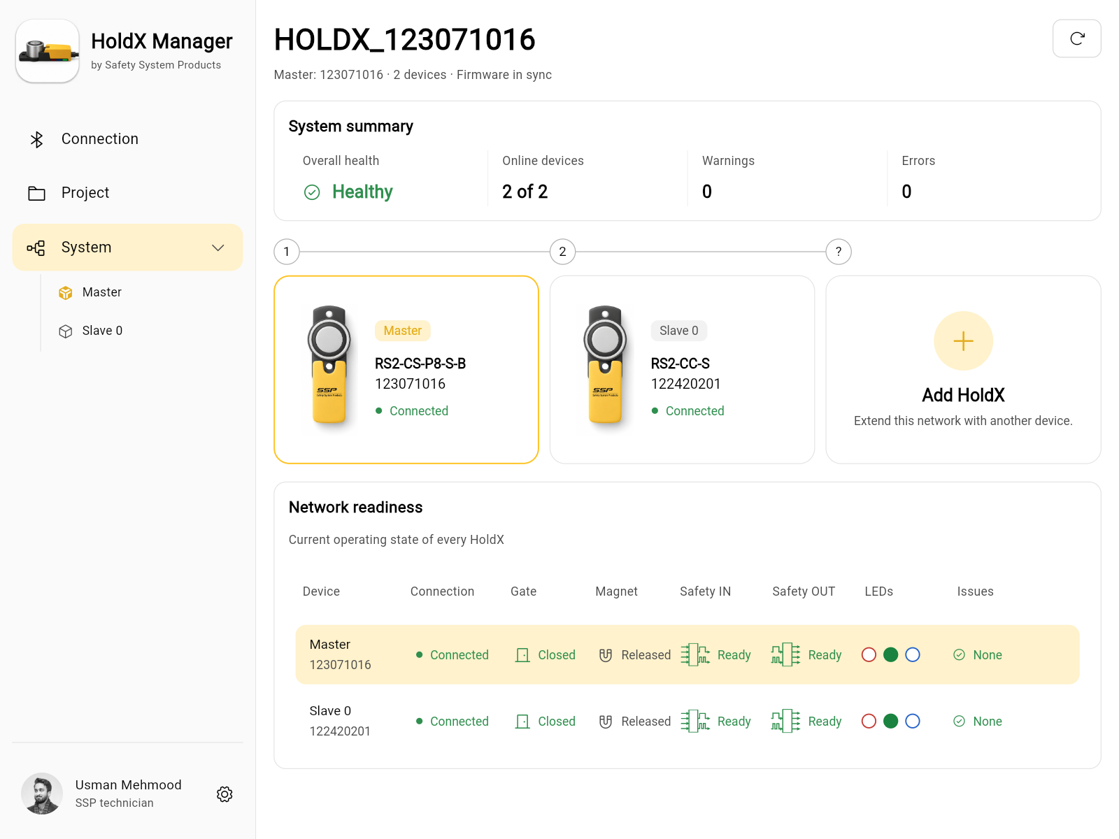 HoldX Manager system view showing device health and a connected HoldX network